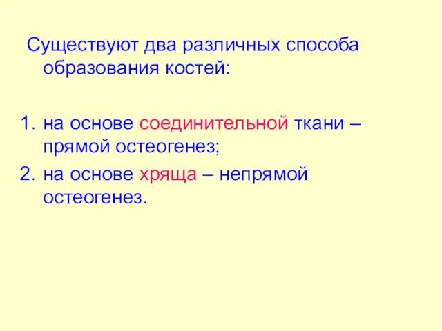 Существуют два различных способа образования костей: на основе соединительной ткани