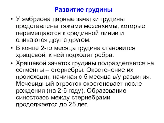 Развитие грудины У эмбриона парные зачатки грудины представлены тяжами мезенхимы,