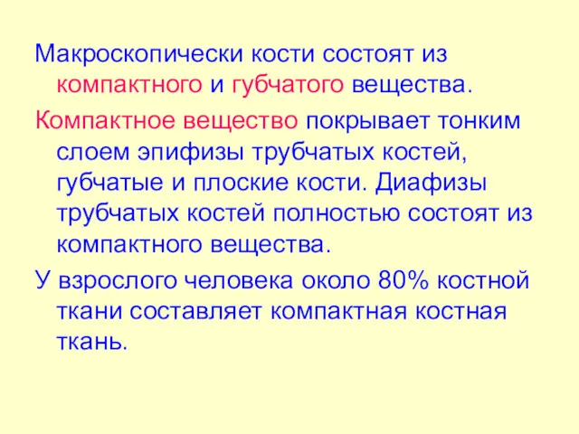 Макроскопически кости состоят из компактного и губчатого вещества. Компактное вещество