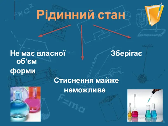 Рідинний стан Не має власної Зберігає об'єм форми Стиснення майже неможливе