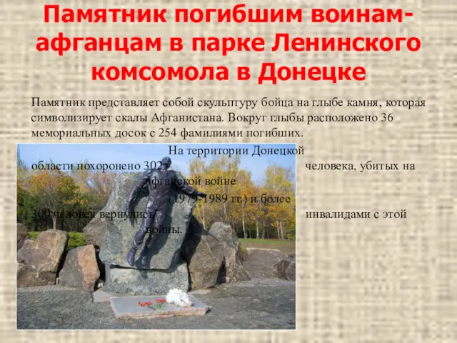 Памятник представляет собой скульптуру бойца на глыбе камня, которая символизирует