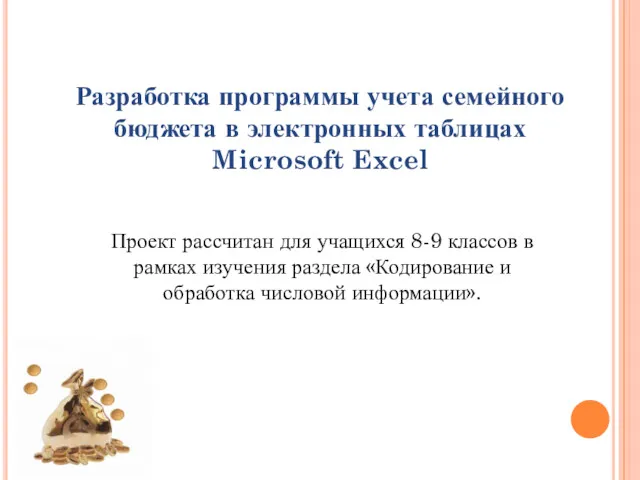 Разработка программы учета семейного бюджета в электронных таблицах Microsoft Excel Проект рассчитан для
