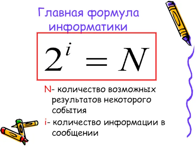 Главная формула информатики N- количество возможных результатов некоторого события i- количество информации в сообщении