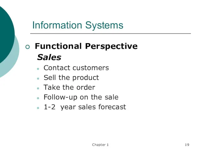 Chapter 1 Information Systems Functional Perspective Sales Contact customers Sell