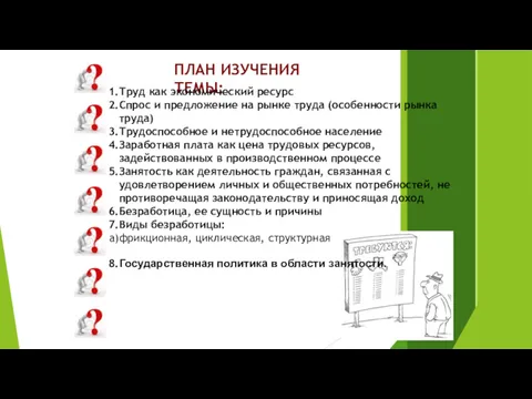 ПЛАН ИЗУЧЕНИЯ ТЕМЫ: Труд как экономический ресурс Спрос и предложение на рынке труда