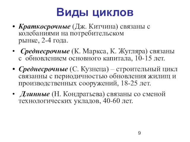 Виды циклов Краткосрочные (Дж. Китчина) связаны с колебаниями на потребительском