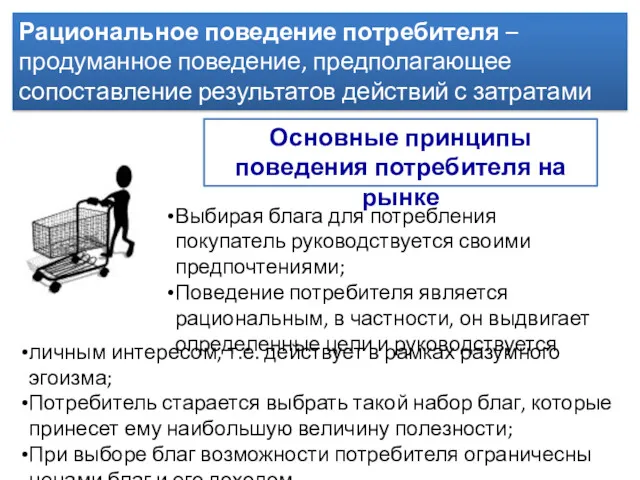 Рациональное поведение потребителя – продуманное поведение, предполагающее сопоставление результатов действий