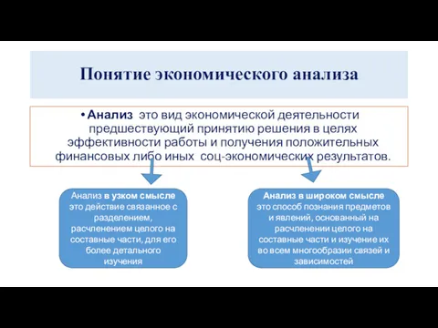 Понятие экономического анализа Анализ это вид экономической деятельности предшествующий принятию