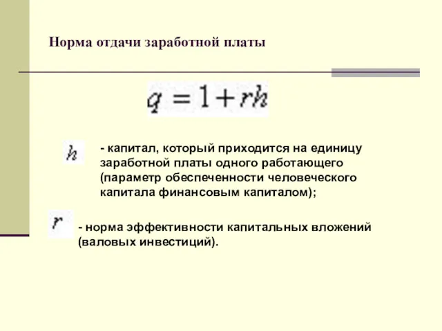 Норма отдачи заработной платы - норма эффективности капитальных вложений (валовых