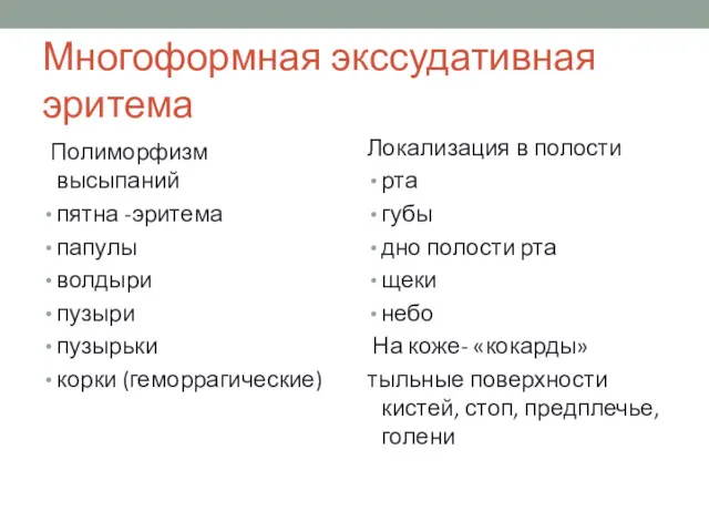 Многоформная экссудативная эритема Полиморфизм высыпаний пятна -эритема папулы волдыри пузыри