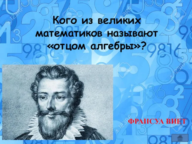 Кого из великих математиков называют «отцом алгебры»? ФРАНСУА ВИЕТ