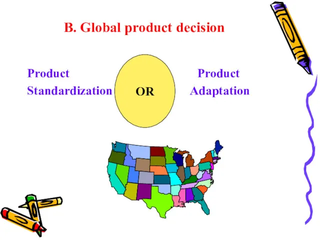 B. Global product decision Product Product Standardization Adaptation OR