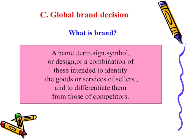C. Global brand decision What is brand? A name ,term,sign,symbol,
