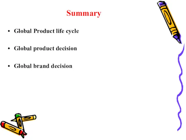 Summary Global Product life cycle Global product decision Global brand decision