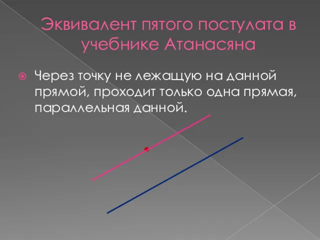 Эквивалент пятого постулата в учебнике Атанасяна Через точку не лежащую