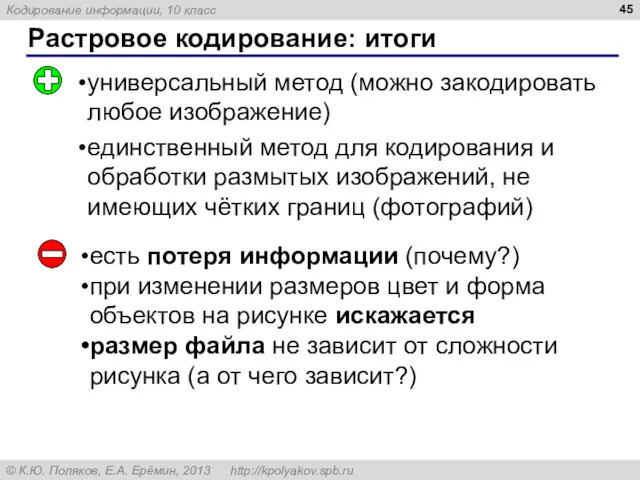 Растровое кодирование: итоги универсальный метод (можно закодировать любое изображение) единственный метод для кодирования