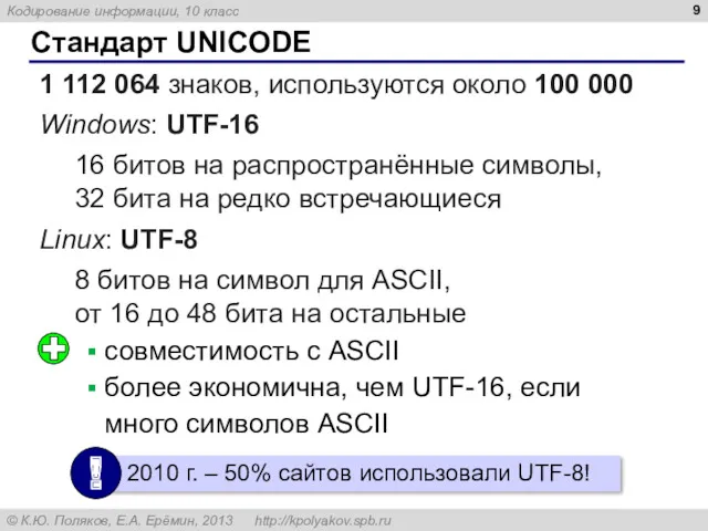Стандарт UNICODE 1 112 064 знаков, используются около 100 000 Windows: UTF-16 16