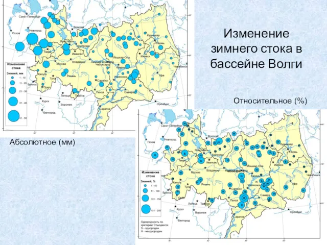 Изменение зимнего стока в бассейне Волги Абсолютное (мм) Относительное (%)