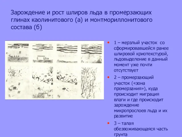 Зарождение и рост шлиров льда в промерзающих глинах каолинитового (а)