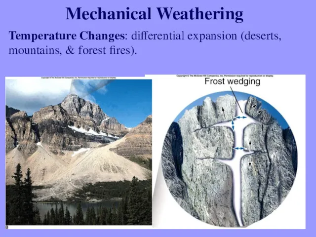 Mechanical Weathering Temperature Changes: differential expansion (deserts, mountains, & forest fires).