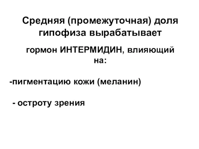 Средняя (промежуточная) доля гипофиза вырабатывает гормон ИНТЕРМИДИН, влияющий на: пигментацию кожи (меланин) - остроту зрения