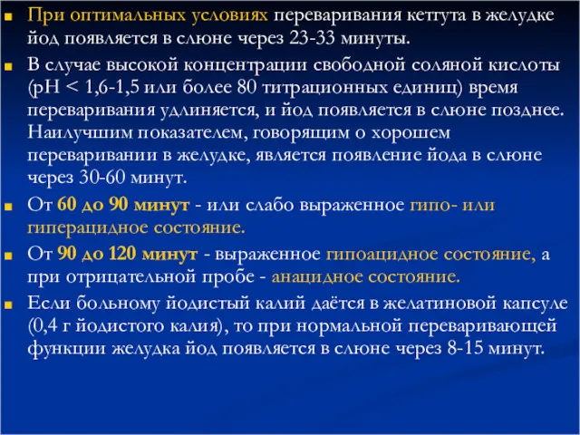 При оптимальных условиях переваривания кетгута в желудке йод появляется в