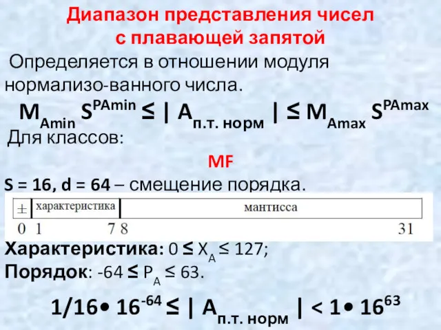 Диапазон представления чисел с плавающей запятой Определяется в отношении модуля нормализо-ванного числа. MAmin
