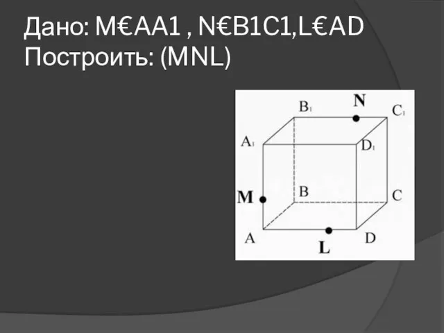 Дано: M€AA1 , N€B1C1,L€AD Построить: (MNL)