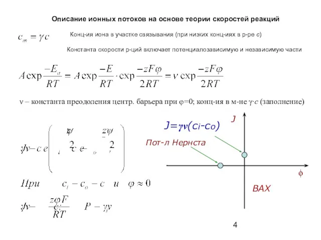 Описание ионных потоков на основе теории скоростей реакций Конц-ия иона