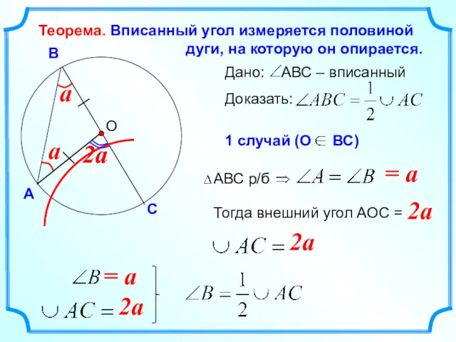 О Теорема. Вписанный угол измеряется половиной дуги, на которую он