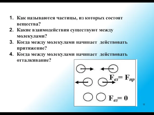 Как называются частицы, из которых состоят вещества? Какие взаимодействия существуют