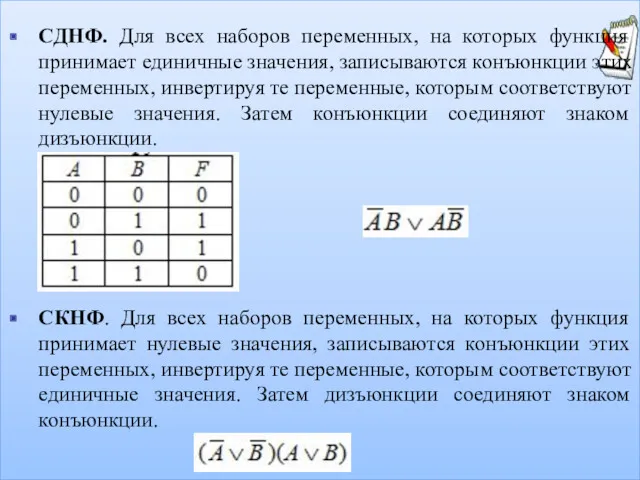 СДНФ. Для всех наборов переменных, на которых функция принимает единичные