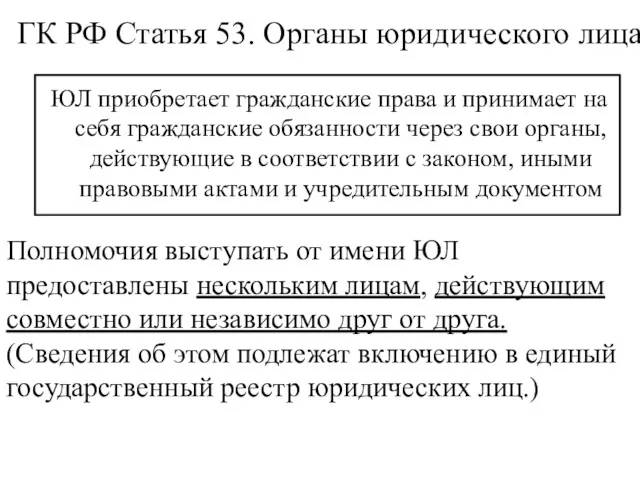 ГК РФ Статья 53. Органы юридического лица ЮЛ приобретает гражданские