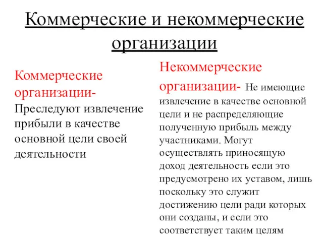 Коммерческие организации-Преследуют извлечение прибыли в качестве основной цели своей деятельности