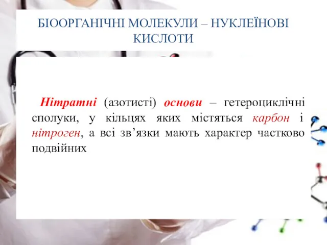 БІООРГАНІЧНІ МОЛЕКУЛИ – НУКЛЕЇНОВІ КИСЛОТИ Нітратні (азотисті) основи – гетероциклічні