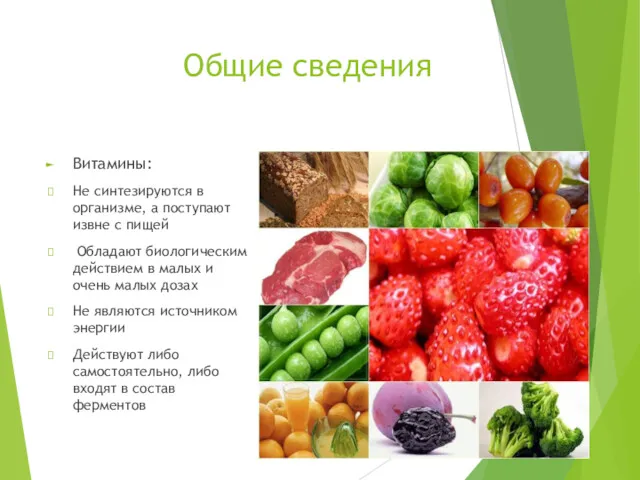 Общие сведения Витамины: Не синтезируются в организме, а поступают извне