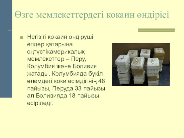 Өзге мемлекеттердегі кокаин өндірісі Негізігі кокаин өндіруші елдер қатарына оңтүстікамерикалық