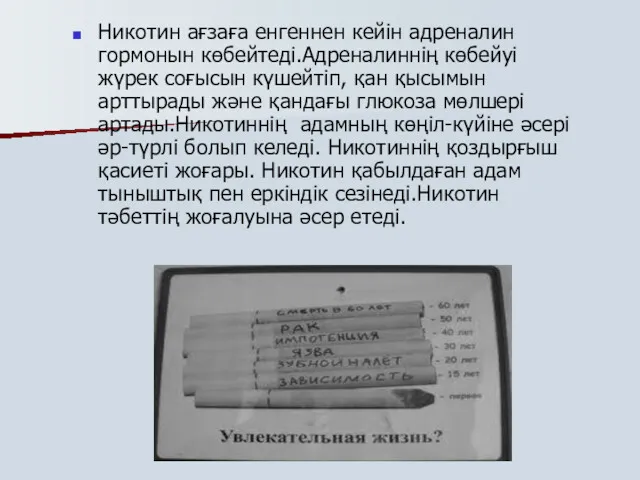 Никотин ағзаға енгеннен кейін адреналин гормонын көбейтеді.Адреналиннің көбейуі жүрек соғысын