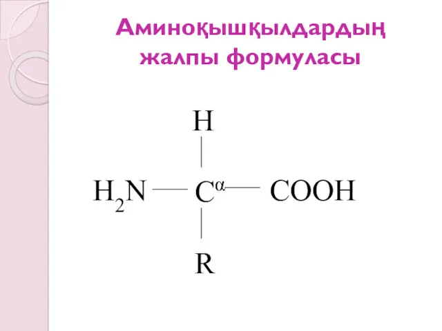 Аминоқышқылдардың жалпы формуласы Cα H R COOH H2N