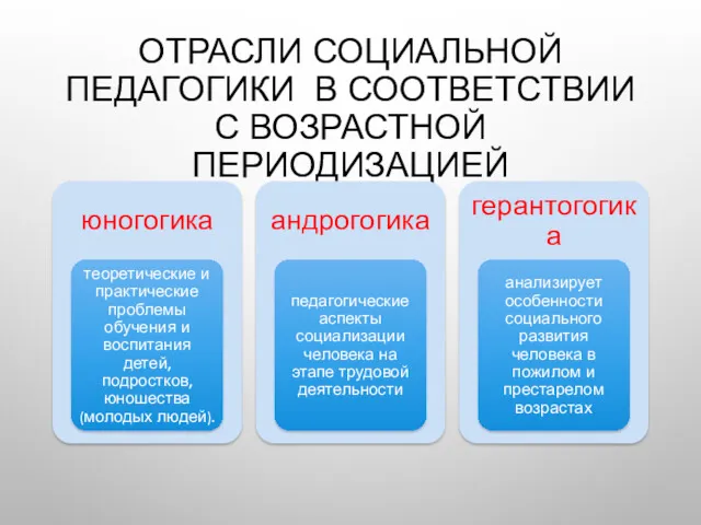 ОТРАСЛИ СОЦИАЛЬНОЙ ПЕДАГОГИКИ В СООТВЕТСТВИИ С ВОЗРАСТНОЙ ПЕРИОДИЗАЦИЕЙ