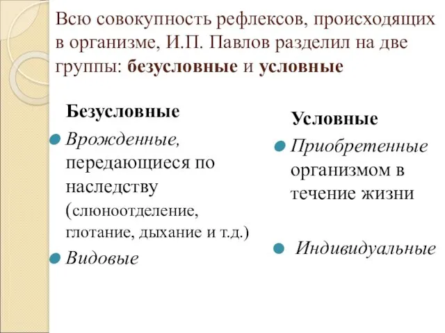 Всю совокупность рефлексов, происходящих в организме, И.П. Павлов разделил на