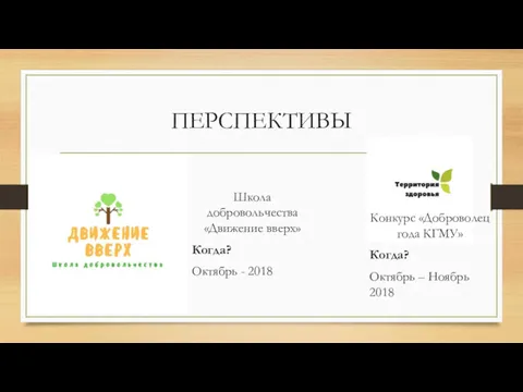 ПЕРСПЕКТИВЫ Конкурс «Доброволец года КГМУ» Когда? Октябрь – Ноябрь 2018