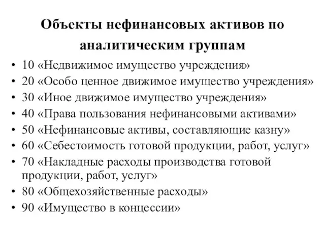 Объекты нефинансовых активов по аналитическим группам 10 «Недвижимое имущество учреждения»