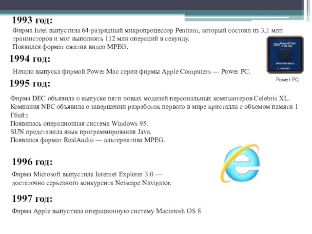 1993 год: Фирма Intel выпустила 64-разрядный микропроцессор Pentium, который состоял