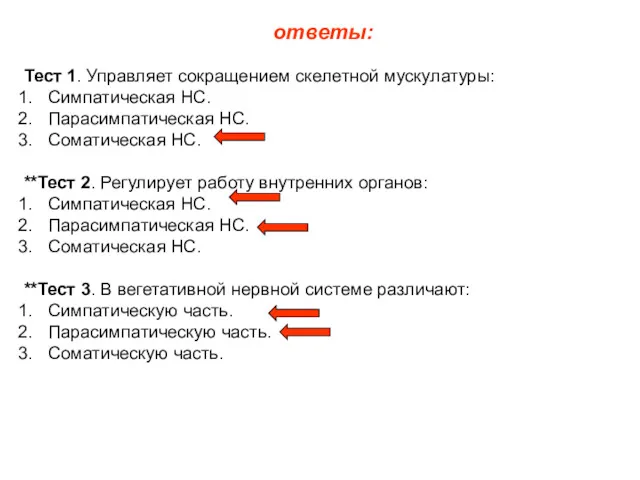 ответы: Тест 1. Управляет сокращением скелетной мускулатуры: Симпатическая НС. Парасимпатическая