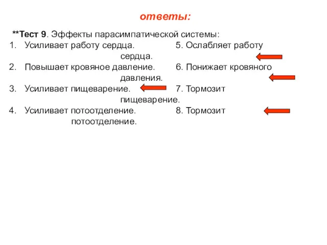 ответы: **Тест 9. Эффекты парасимпатической системы: Усиливает работу сердца. 5.