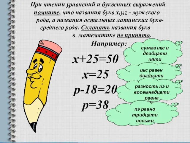 При чтении уравнений и буквенных выражений помните, что названия букв