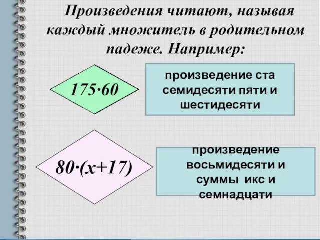 Произведения читают, называя каждый множитель в родительном падеже. Например: произведение