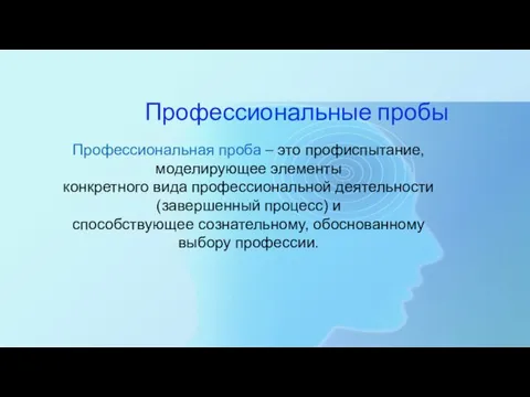 Профессиональные пробы Профессиональная проба – это профиспытание, моделирующее элементы конкретного