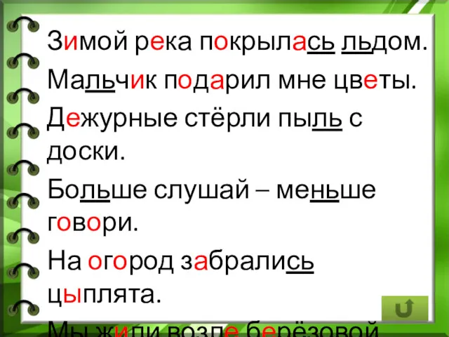 Зимой река покрылась льдом. Мальчик подарил мне цветы. Дежурные стёрли пыль с доски.